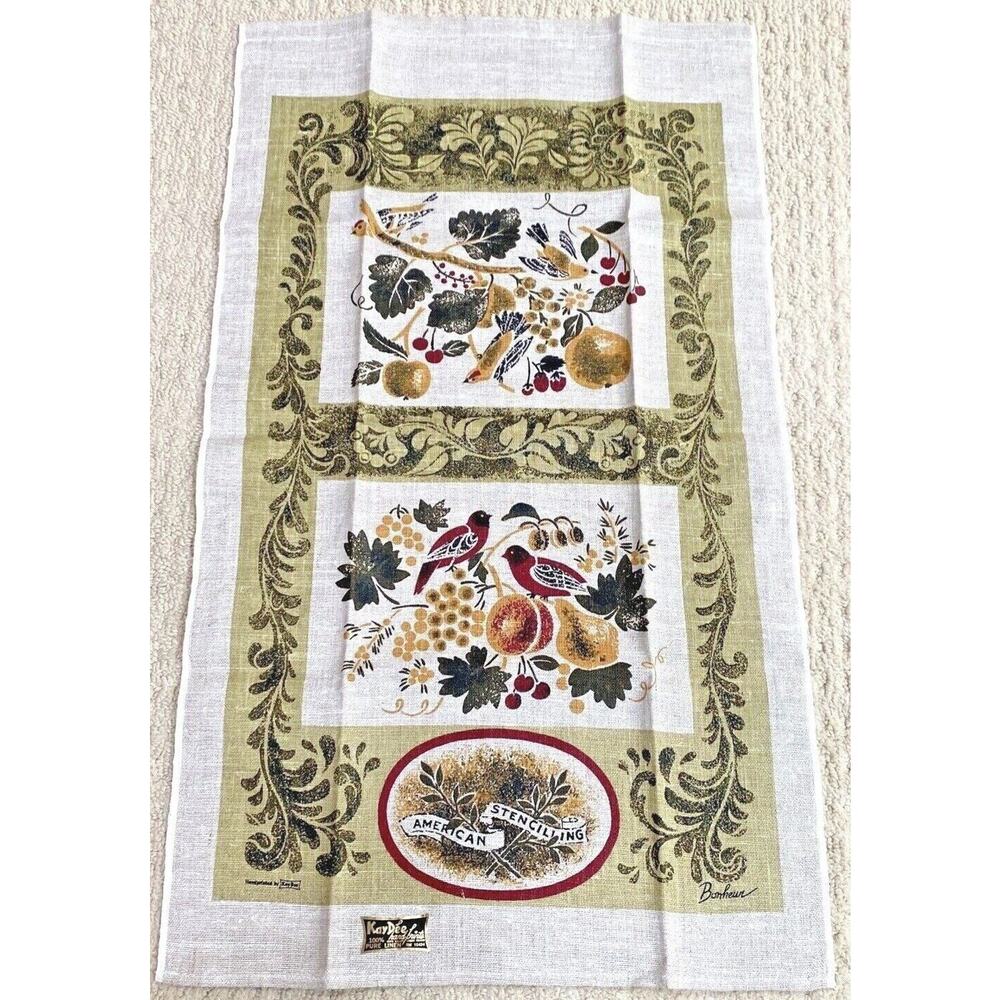 NWT Kaydee Bonheur linen kitchen tea towel "American Stencilling" pattern NEW
